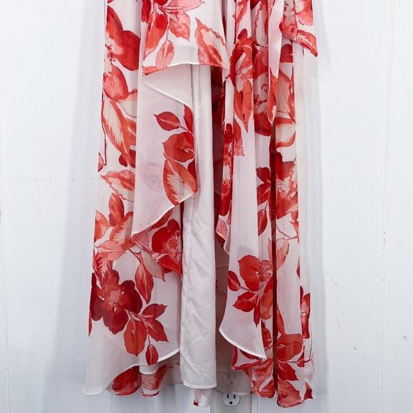 Eliza J Floral Chiffon High Low Dress Surplice Neck Tie Waist Size 10 Red White - Picture 4 of 16